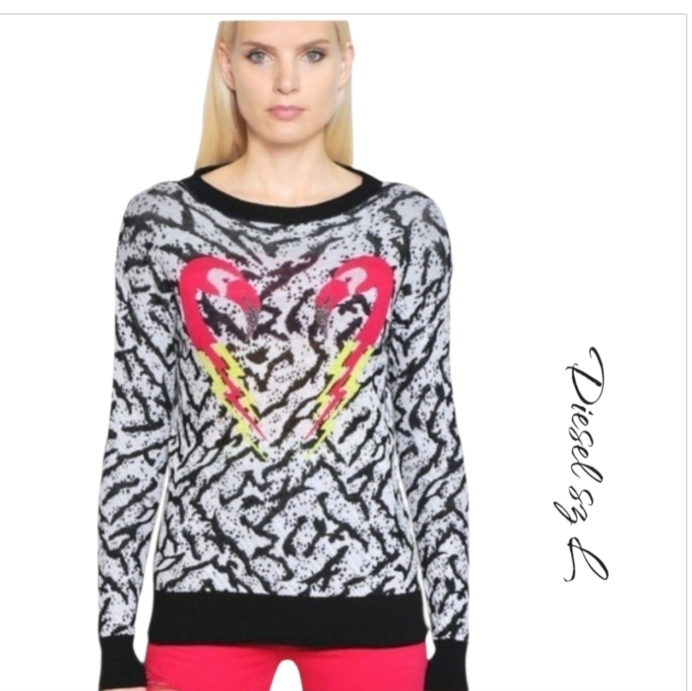 NWT Diesel K-Flaming Flamingo Graphic Knit Sweater Unisex L Black Grey
